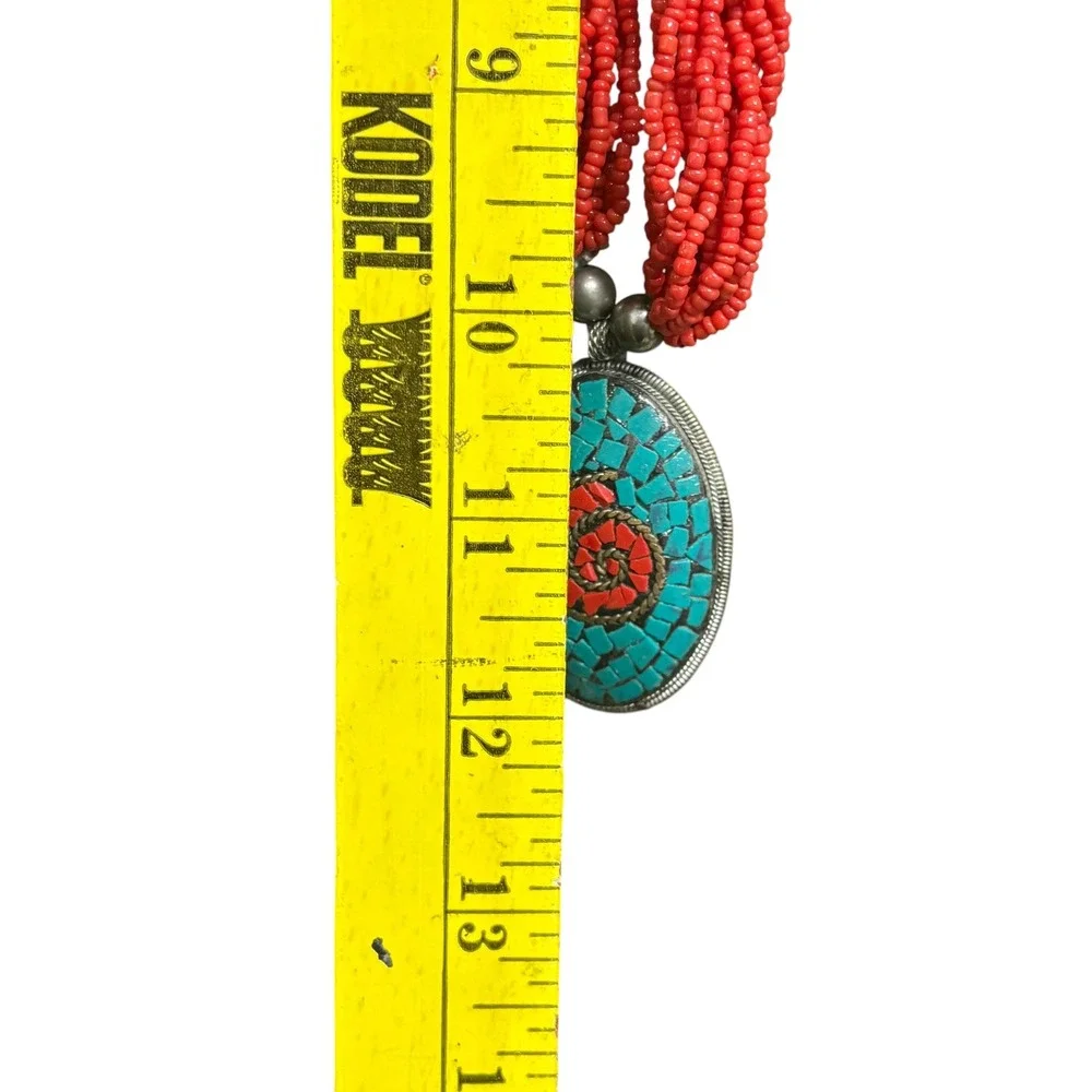 Vintage Red Multi Strand Seed Bead Necklace Turquoise Coral Mosaic Pendant Boho